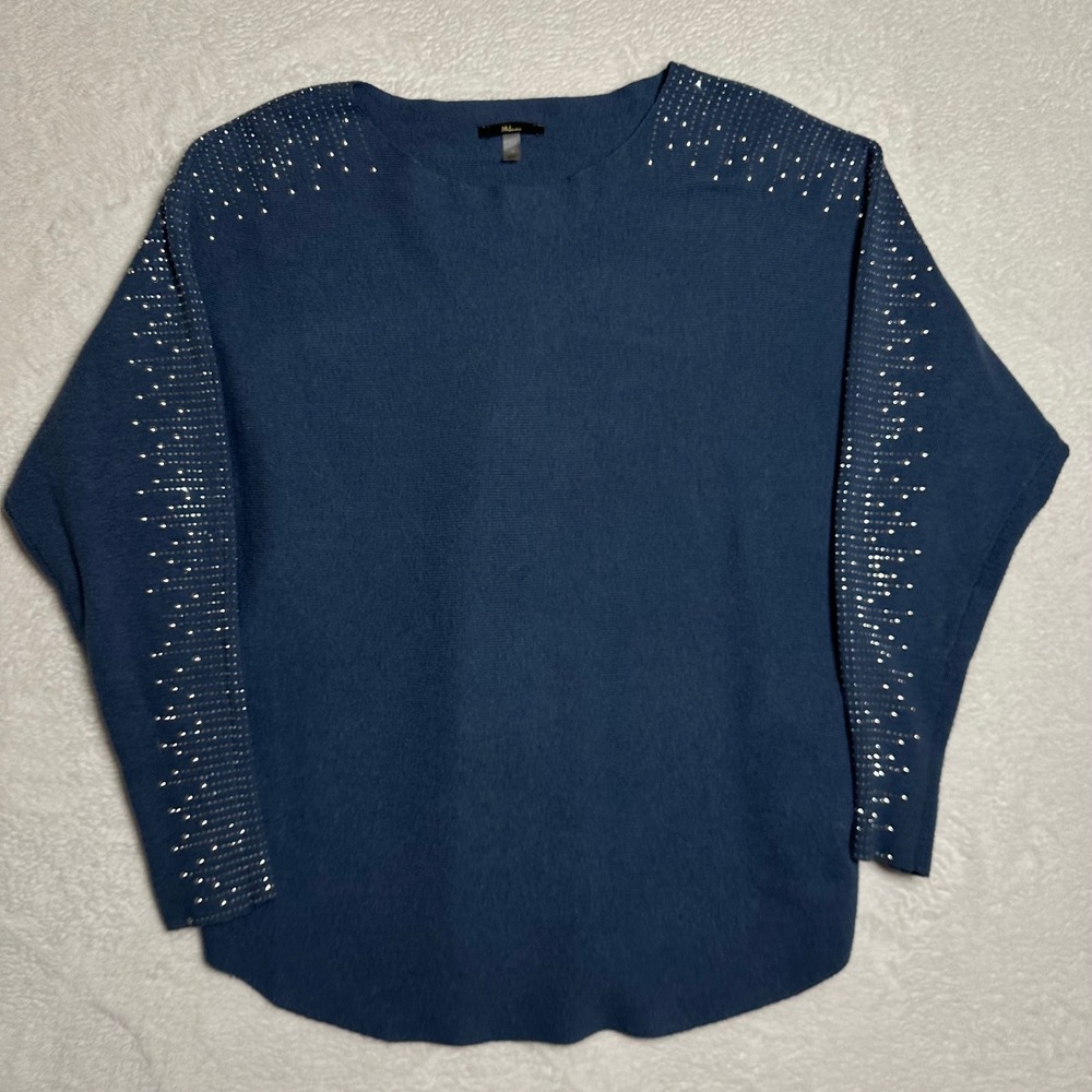Milano Womens Medium Blue Studded Shoulder Long Sleeve Knit Sweater Edgy Boho